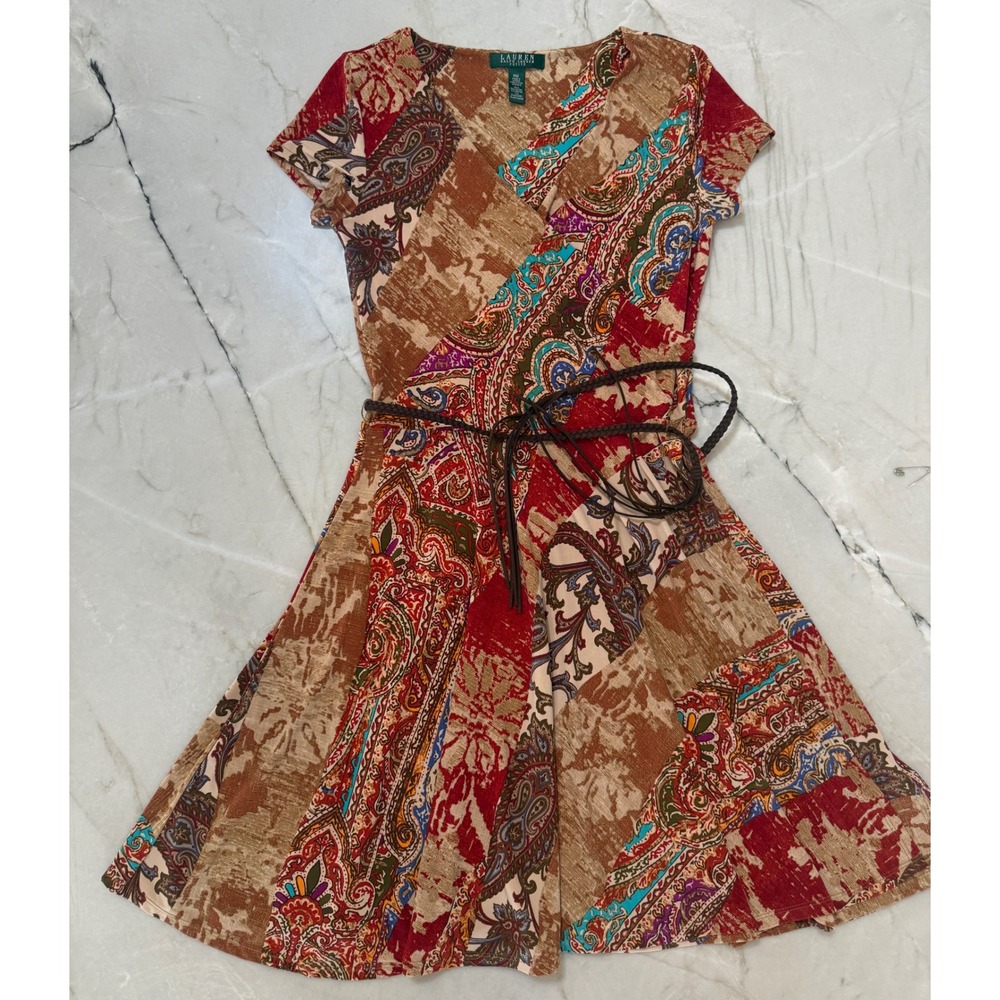 Lauren Ralph Lauren Petite Paisley Patchwork Faux Wrap Dress with Belt PM Red 71